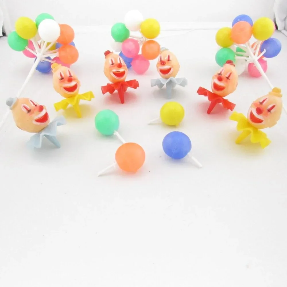 Vintage WILTON Circus Clown Cupcake Cake Toppers Set 6 W/ Balloon Pick Party